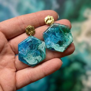 Handgefertigte Harz Sechskant Ohrringe, Fluid Art Statement Schmuck